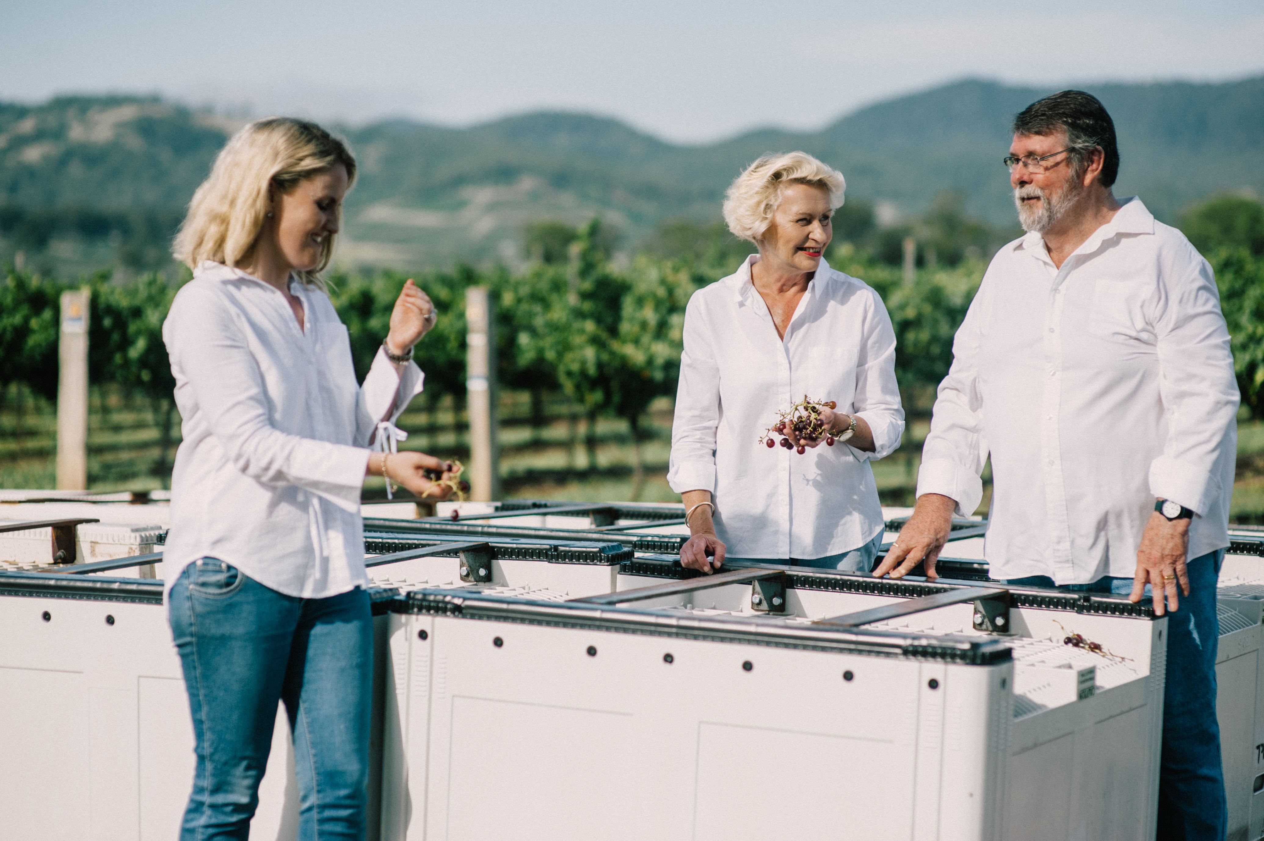 Two women and a man at the vineyard 